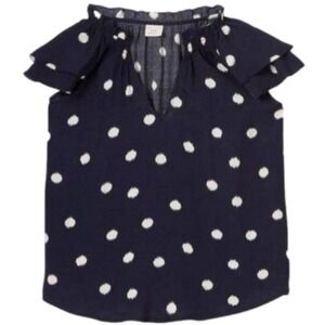 A New Day Top Womens XS Navy‎ Blue White Polka Dot Flutter Sleeve Split Neck NWT